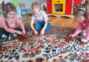 Dzieci siedzą na dywanie i przeliczają zebrane kasztany