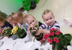 dzieci przy stole przesadzają kwiatki do swoich doniczek