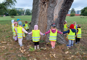 Dzieci stoją wokół drzewa, trzymają się za ręce.