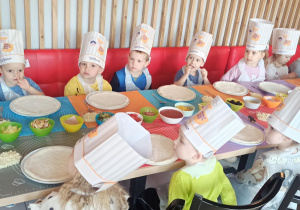 Dzieci siedzą przy stole na głowach mają duże kucharskie czapki. Słuchają opowieści skąd pochodzi pizza. Na talerzach przez dziećmi jest przygotowane ciasto - spód pizzy.