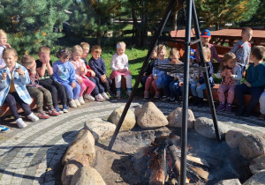 Dzieci siedzą przy ognisku, słuchają ciekawostek o ziemniaku. W ognisku pieką się ziemniaki