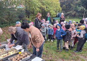 Panie Beatki szukują ziemniaki upieczone w ognisku, dzieci stoją razem ustawione w grupach