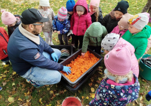 Opiekun alpak opowiada dzieciom o zywieniu zwierząt i ich największym przysmaku czyli o marchewce, którą przygotował dla zwierzątek. Dzieci stoją i słuchają