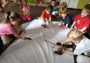 Dzieci uczą się przy pomocy darów jesieni miar długości - mały, średni, największy