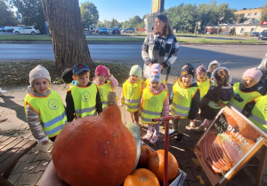Dzieci stoją przed dyniami i rozmawiają z nauczycielką na temat wyklądu dyni
