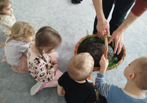 Dzieci dotykają makiety kopca mrówek