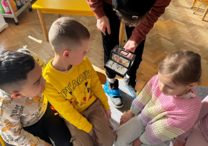 Dzieci oglądają żywe mrówki w terrarium