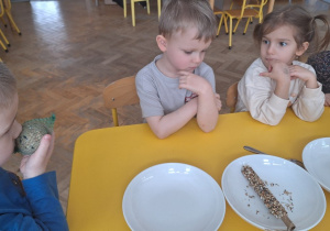 Dzieci oglądają gotowe produkty do karmienia ptaków