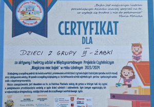 Certyfikat za udział w Międzynarodowym Projekcie Czytelniczym "Magiczna moc bajek"