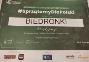 Certyfikat SprzątamyDlaPolski grupy Biedronek