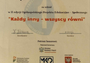 Certyfikat uznania dla grupy IV za udział w projekcie "Każdy inny - wszyscy równi"