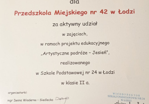 Podziękowanie za aktywny udział w zajęciach "Artystyczne podróże - Jesień"