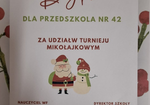 Dyplom dla przedszkola za udział w "Turnieju Mikołajkowym"