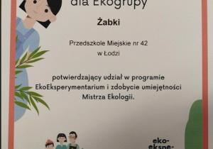 Dyplom dla przedszkola za udział w programie "EkoEksperymentarium"