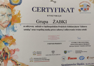 Certyfikat dla grupy IV za udział w Ogólnopolskim Projekcie Edukacyjnym "Zabawa sztuką"