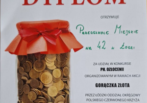 Dyplom dla przedszkola za udział w konkursie PH.OZŁOCENI