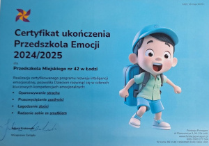Certyfikat ukończenia Przedszkola Emocji dla przedszkola